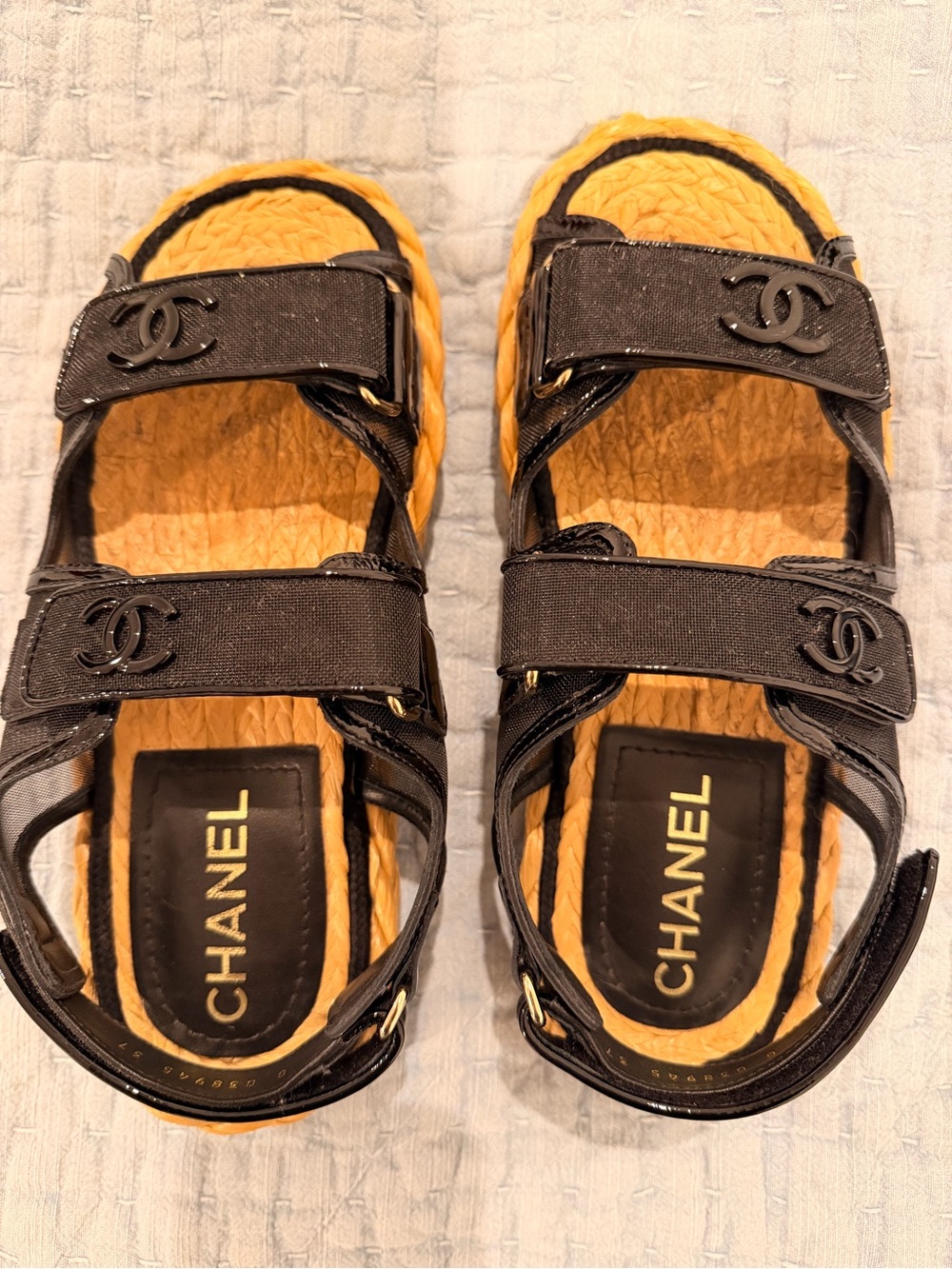 CHANEL Black Mesh and Raffia Dad Sandals Size 37